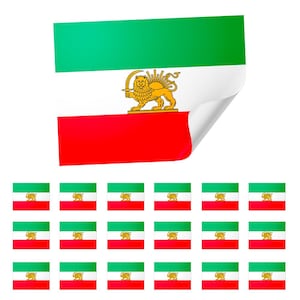 May include: A collection of stickers and a larger sticker featuring the flag of Iran. The flag design includes horizontal stripes of green, white, and red, with a golden emblem of a lion and sun in the center.