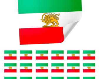 Könnte beinhalten: Eine Sammlung von Aufklebern und ein größerer Aufkleber mit der Flagge des Iran. Das Design der Flagge umfasst horizontale Streifen in Grün, Weiß und Rot mit einem goldenen Emblem eines Löwen und einer Sonne in der Mitte.