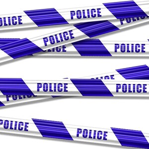 May include: White and blue striped police tape, featuring the word "POLICE" in bold blue lettering. The tape is arranged in a crisscross pattern against a white backdrop, creating a visual barrier.