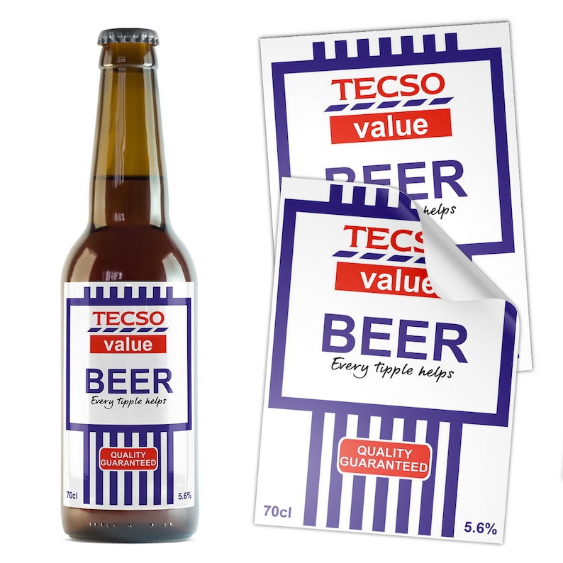 May include: A brown beer bottle with a silver cap and a label that reads "TECSO value BEER". The label also includes the text "Every tipple helps" and "QUALITY GUARANTEED". The bottle contains 70cl of beer and is 5.6% ABV.