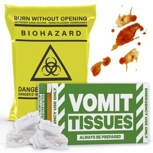 Fazzoletti per vomito con scatola scherzoso divertente + sacchetto per rischio biologico (Fazzoletti per vomito)