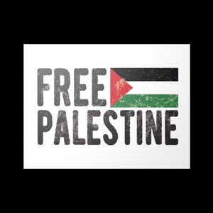 May include: A white background with the words "FREE PALESTINE" in distressed gray letters. Above the word "TINE" is a Palestinian flag with red, white, black, and green colors.