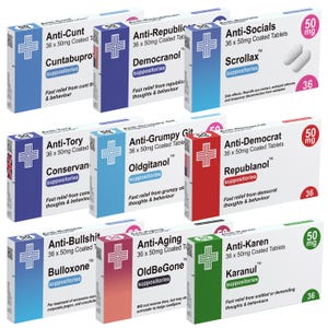 Op de afbeelding: Een verzameling satirische medicijndoosjes, waaronder "Anti-Cunt" en "Anti-Karen". De witte dozen hebben gekleurde zijpanelen en een kruissymbool. Elke doos bevat 36 tabletten van 50 mg.