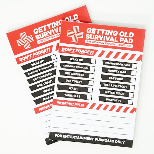 2 X Old Age Survival Pad | Funny Notes Gift for Retirement Birthday Christmas