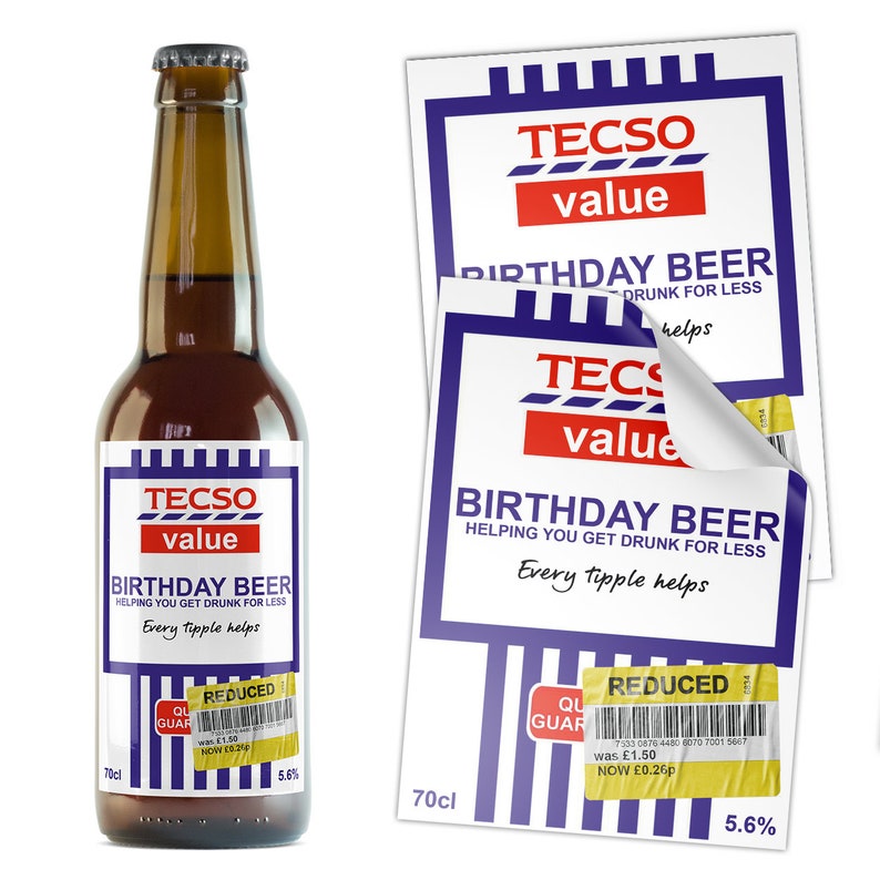 May include: A brown beer bottle with a silver cap and a label that reads "TECSO value BIRTHDAY BEER". The label also includes the text "Helping you get drunk for less" and "Every tipple helps". The bottle is 70cl.