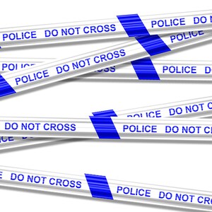 May include: White and blue police tape, featuring the text "POLICE DO NOT CROSS". The tape is arranged in a crisscross pattern, set against a white backdrop.