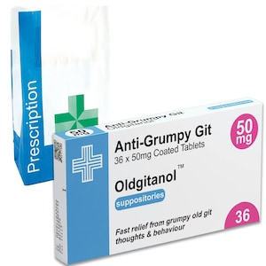 Caja de medicamentos Oldgitanol antigruñones, broma divertida con receta + bolsa de medicamentos gratis