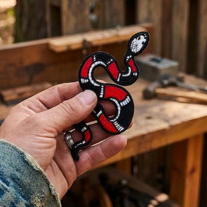 Peut inclure: Un écusson en forme de serpent noir, rouge et blanc. L'écusson est tenu dans une main, avec une manche de veste en jean visible. Le motif du serpent présente une bande rouge au centre, des bordures noires et des détails blancs.