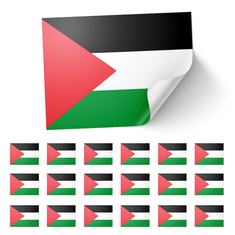 May include: A sticker sheet featuring the flag of Palestine. The main sticker shows the flag with a curled corner, and smaller versions are arranged below. The flag design includes red, white, black, and green colors.