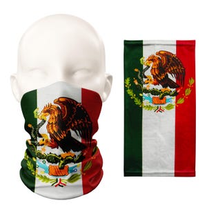 May include: A neck gaiter and a separate rectangular fabric featuring the Mexican flag design. The design includes green, white, and red vertical stripes with the Mexican coat of arms in the center. The coat of arms depicts an eagle with a snake in its beak.