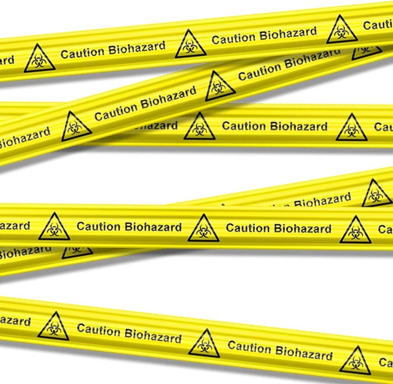 May include: Yellow hazard tape featuring the text "Caution Biohazard" and a biohazard symbol. The tape is arranged diagonally against a white backdrop, forming a warning pattern.