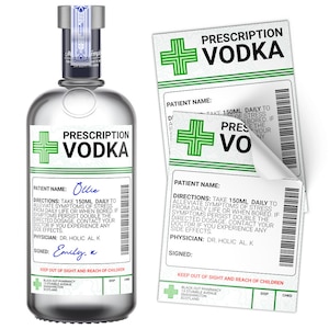 Etichetta adesiva per bevande divertenti con prescrizione medica di vodka, bottiglia di alcol