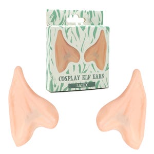 May include: A pair of latex elf ears in a light skin tone, next to a box with the text "COSPLAY ELF EARS" and "LATEX". The box has a green and white abstract design. The ears are a pale pink colour.