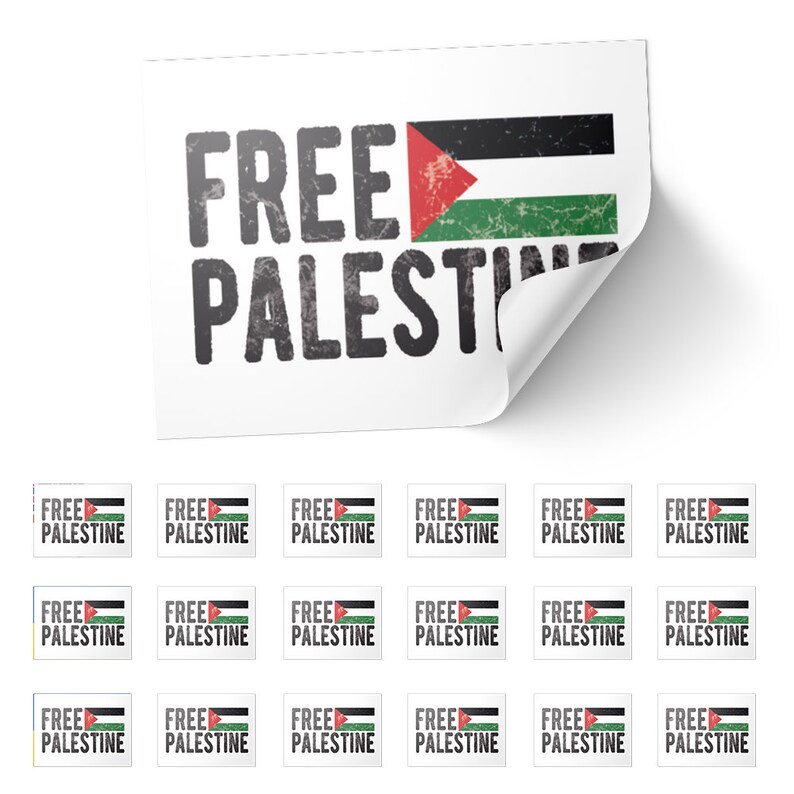 May include: White sticker with the words "FREE PALESTINE" in distressed black font. The Palestinian flag is displayed on the right side. Additional smaller stickers with the same design are below.