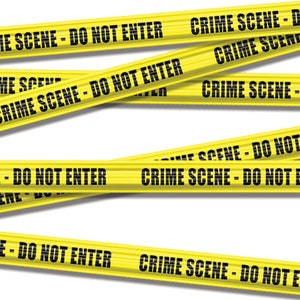 May include: Yellow crime scene tape, printed with "CRIME SCENE - DO NOT ENTER" in black, is arranged diagonally across a white background. The image depicts a crime scene or restricted area, marked with warning tape.