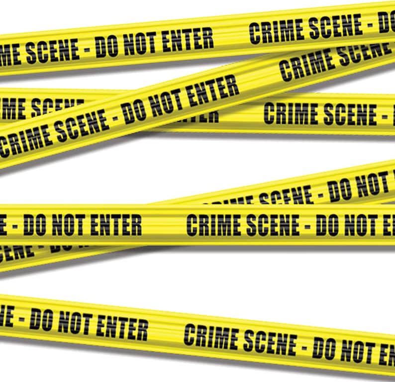 May include: Yellow crime scene tape, printed with "CRIME SCENE - DO NOT ENTER" in black, is arranged diagonally across a white background. The image depicts a crime scene or restricted area, marked with warning tape.