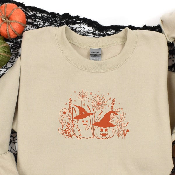 Embroidery Retro orange Cute Ghost wild Flowers Sweatshirt - embroidery sweatshirt, fall Halloween lovers, Minimalistic ghosts and flowers
