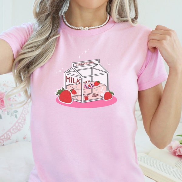 Trendy baby tee, Strawberry Milk tee, Harajuku Strawberry Shirt, Kawaii Anime tee, Japanese baby tee, trendy fashion women, Crop Top Y2k