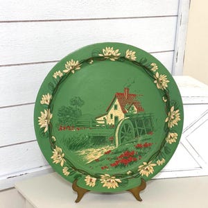 Vintage Tin Litho Tray | Water Mill Cottage | Green Floral Border |  Farmhouse Decor Country Landscape