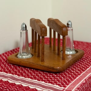 Vintage Teak Holder with Shakers | Salt & Pepper Shakers | Farmhouse Tabletop Organizer | Kitchen Decor