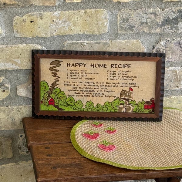 Vintage Happy Home Recipe Framed Linen Print | Country Kitchen Wall Decor