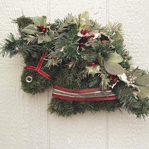 Handmade Holiday Horse Wreath: Farmhouse Christmas Decor, Silver Trim