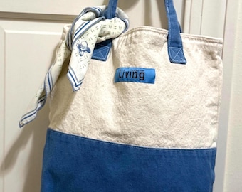 Vintage Martha Stewart Living Tote: 1990s Denim Colorblock Canvas Bag with Floral Scarf