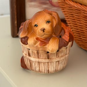 Vintage Avon Puppy in Basket Ceramic Potpourri Holder | Golden Retriever Dog Small Decor