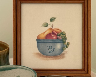 Vintage M. Roff Theorem Painting on Cotton Velvet | Fruit Bowl Still Life | 1980s