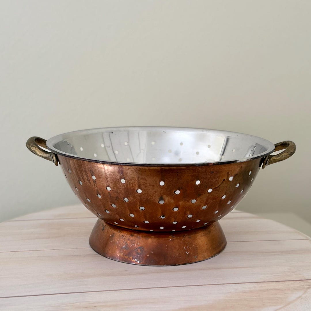 Vintage Copper & Steel Colander With Brass Handles | Rustic Kitchen ...