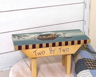Vintage Hand Painted Noah’s Ark Wooden Riser | Folk Art Nursery Decor