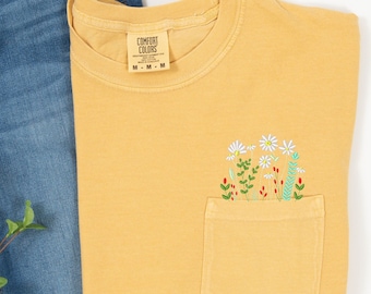 Embroidered Flower Pocket Tee | Wildflower Shirt | Cute Spring Shirt | Botanical Shirt | Plant Lady Gift | Boho Flower Shirt