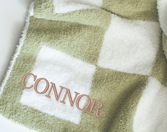 Checkered Baby Blanket, Custom Checker Blanket, Embroidered Baby Name Blanket, Neutral Name Baby Blanket, Personalized Baby Stroller Blanket