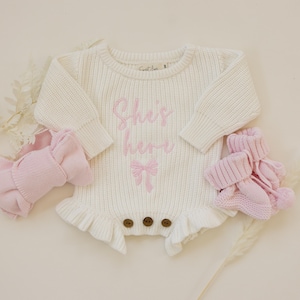 Custom Coming Home Outfit, Name Newborn Outfit, Embroidered Baby Outfit, Hospital Home Outfit, She&#39;s here outfit, Name Baby Romper
