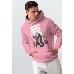 May include: Pink hoodie with a black-lined hood and white drawstring. The front features a graphic of several figures and Japanese text. The hoodie has a kangaroo pocket and is made of a soft material.