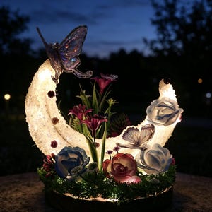 May include: A crescent moon-shaped decorative light fixture with a textured, illuminated surface. It features artificial flowers, butterflies, and greenery. The butterflies have iridescent wings. The background is a dark, starry night.