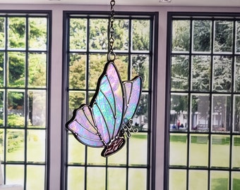 Handmade Wispy Blue Iridescent Stained Glass Butterfly Suncatcher