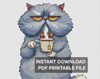 Kreuzstichmuster „Grumpy Cat“, Stickvorlage für Teeliebhaber (PDF)