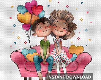 „Happy Together“ Kreuzstichmuster (PDF) – Niedliches Liebespaar-Stickmuster