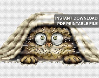 Kreuzstichmuster „Ängstliche Katze unter der Decke“, lustiges Katzen-Stickmotiv (PDF-Download)