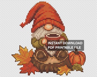 Autumn Gnome Cross Stitch Pattern, Fall Gnome PDF, Cute Gnome Embroidery Pattern, Instant Download