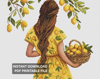 Kreuzstichmuster „Lemon Mood“: Sommermädchen, elegantes Design (PDF-Muster)