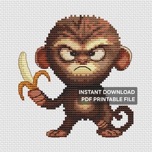 May include: A cross-stitch pattern of a brown monkey with a stern expression holding a yellow banana. The design features a grid-like texture and includes the text INSTANT DOWNLOAD PDF PRINTABLE FILE overlaid on the lower right side of the image.
