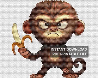 Kreuzstichmuster „Grumpy Monkey“, PDF „Banana Drama“, Stickmuster „Lustiges Tier“