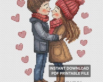 Romantic Couple Cross Stitch Pattern PDF: Embracing Lovers, Modern Embroidery Design