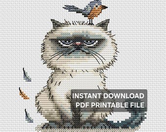Kreuzstichmuster „Grumpy Cat“ – Vogel auf dem Kopf, lustiges Tier (PDF-Muster)