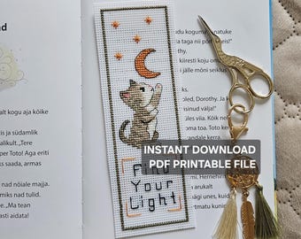Lesezeichen mit Katze und Mond als Kreuzstichmuster, magisches Tier (PDF), Mini-Stiche