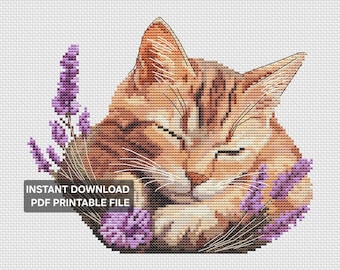 Kreuzstichmuster „Schlafendes rotes Kätzchen“, Lavendel-Stickvorlage (PDF-Download)