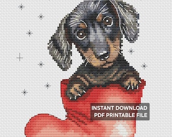 Weihnachts-Dackel-Kreuzstichmuster, Festtags-Hundestickerei (PDF-Muster)