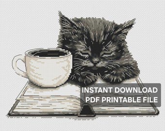 Cat Cross Stitch Pattern - Kitten with Book & Coffee, Cozy Reading, PDF Download